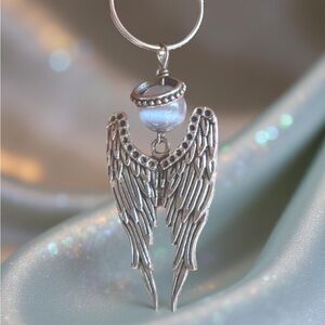 Silver Angel Key Ring w/ Wings, Stone Bead & Halo